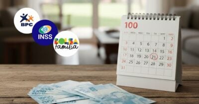 BPC, INSS e Bolsa Família, calendário, e notas de cem reais (Fotos: Montagem TV Foco / Internet / GMN)