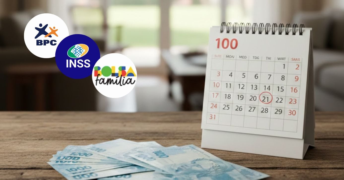 BPC, INSS e Bolsa Família, calendário, e notas de cem reais (Fotos: Montagem TV Foco / Internet / GMN)