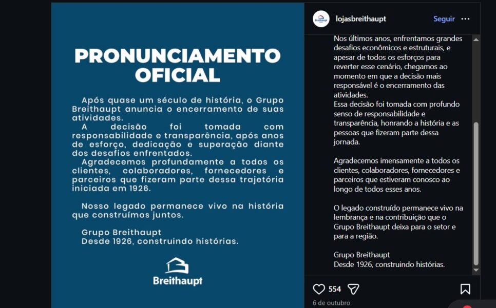 Comunicado do grupo pelas redes sociais (Foto Reprodução/Instagram/@lojasbreithaupt)