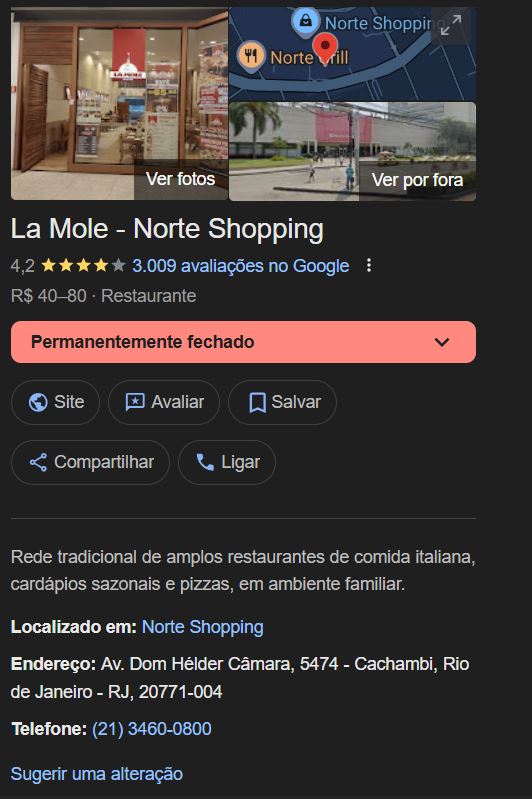 La Mole segue como permanentemente fechado no Norte Shopping, RJ (Foto Reprodução/Maps)