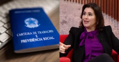 Carteira de trabalho e Simone Tebet no GloboNews (Fotos: Reproduções / Globo / Canva)