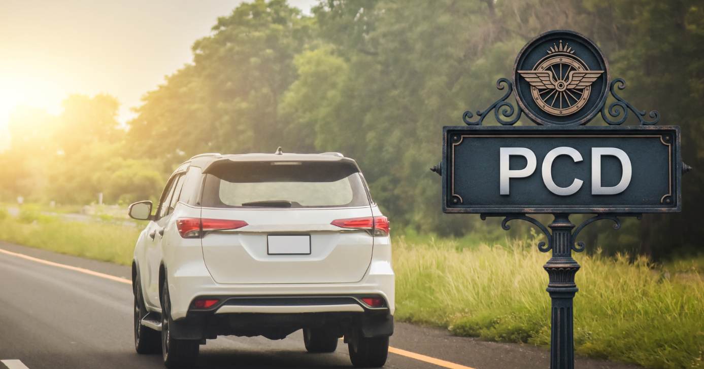 Estrada com carro e placa PCD (Fotos: Montagem TV Foco / Canva / GMN)