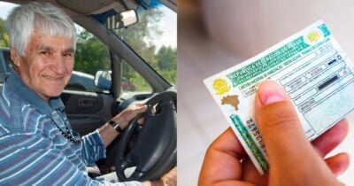 Idoso dirigindo e  segurando a CNH (Fotos: Canva).