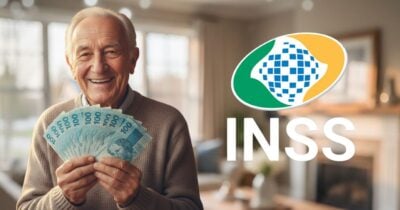 Idoso segurando notas de cem reais e logo do INSS (Foto: Montagem TV Foco / GMN / Internet)