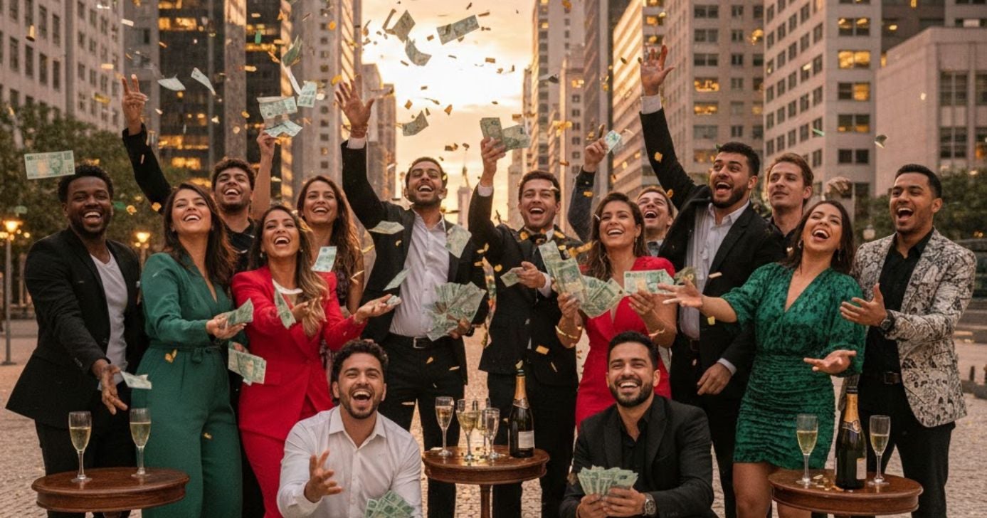 Ilustração brasileiros com notas de cem reais (Foto: Montagem TV Foco / FMN)