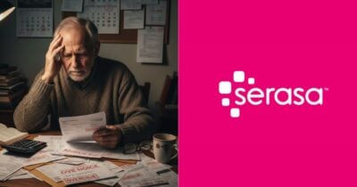 Ilustração idoso com dívidas e logo Serasa (Fotos: Reproduções/ GMN / Internet)