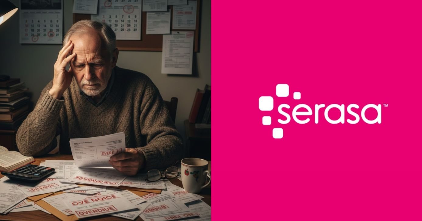 Ilustração idoso com dívidas e logo Serasa (Fotos: Reproduções/ GMN / Internet)