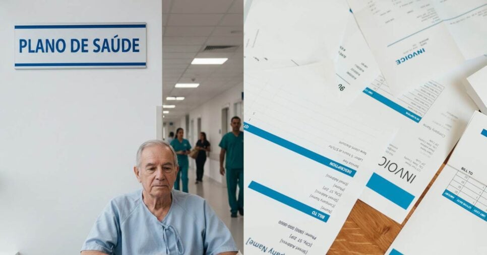 Ilustração idoso, plano de saúde e dívidas (Fotos: Montagem / GMN / Canva)