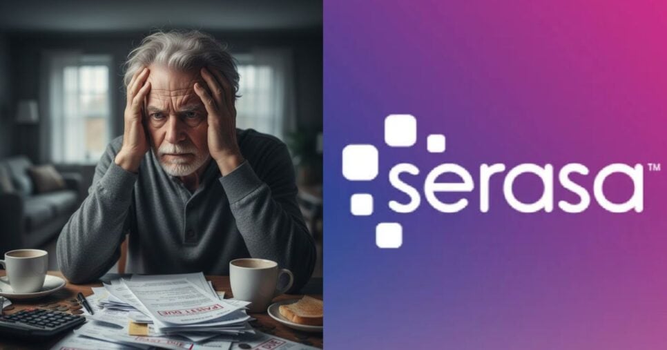 Ilustração idoso. com dívidas e logo Serasa (Fotos: Montagem TV Foco / GMN / Internet)