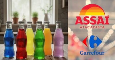 Ilustração refrigerantes, mercado, logo Assaí e logo Carrefour (Fotos: Montagem TV Foco / GMN / Canva / Internet)