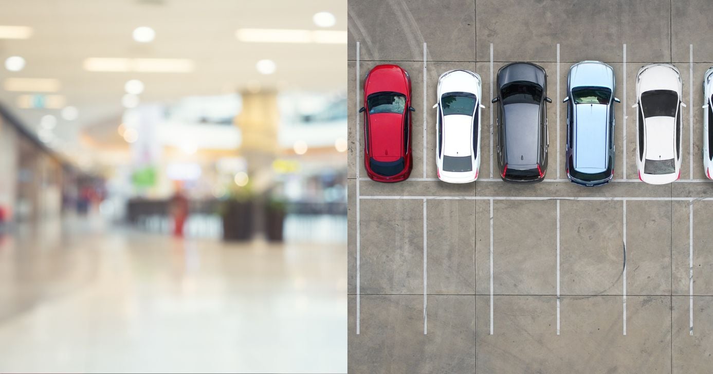 Ilustração shopping e estacionamento (Fotos: Canva)