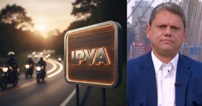 Ilustrações motos e placa de IPVA, e Tarcísio de Freitas (Fotos: Montagem TV Foco / GMN / Globo)