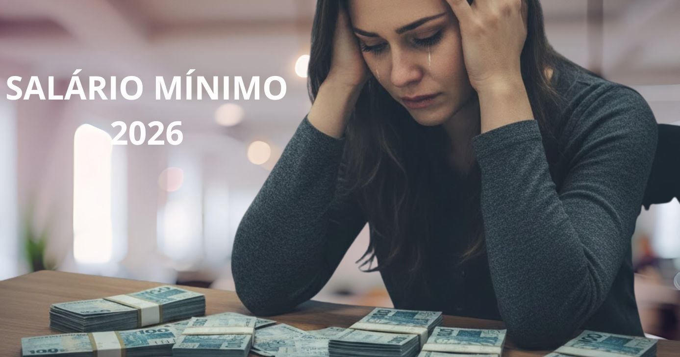 Ilustrações salário mínimo 2026, trabalhadora e notas de cem reais (Fotos: Montagem TV Foco / GMN / Canva)