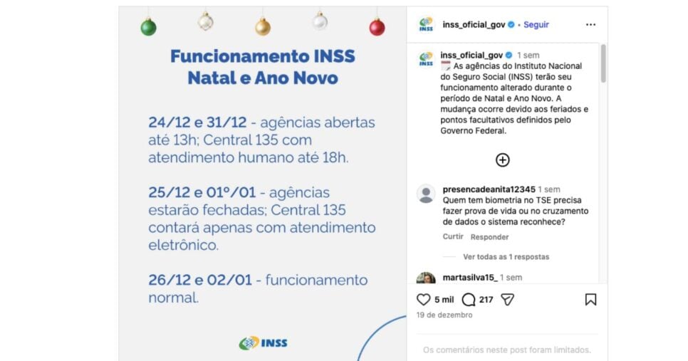Informe do INSS sobre funcionamento presencial de agências no Ano Novo (Foto: Reprodução / Instagram) 