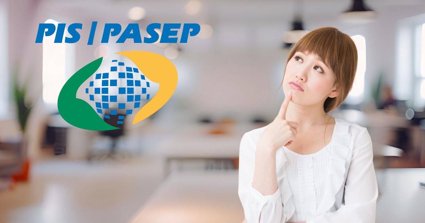 Logo PIS/Pasep, escritório e mulher pensando (Fotos: Reproduções / Internet / Canva)