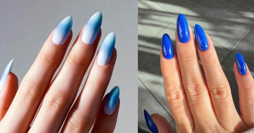 Mãos com esmaltes azuis (Foto: Canva)