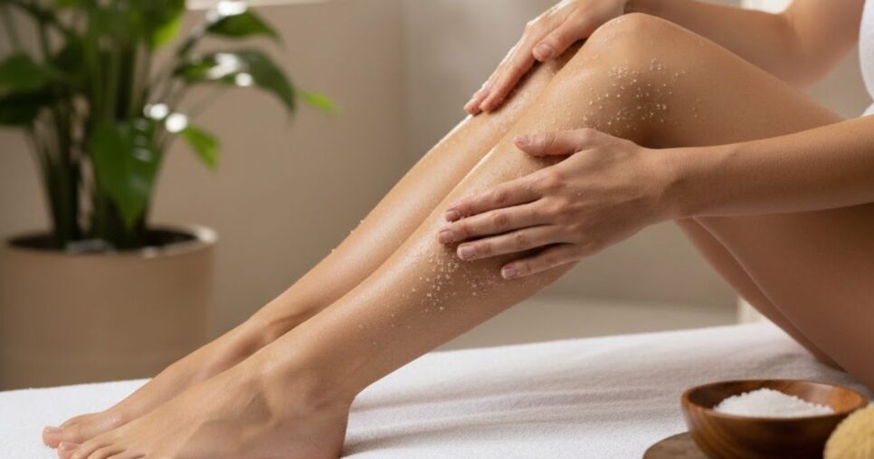 Mulher esfoliando as pernas (Foto: Montagem TV Foco / GMN)