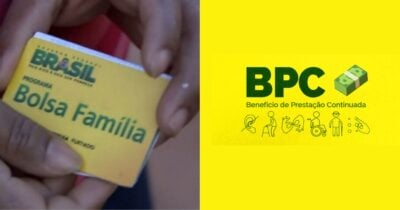Mulher segurando cartão do Bolsa Família e logo BPC (Fotos: Reproduções / Globo / Internet)