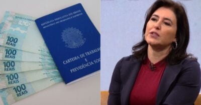 Notas de cem reais, carteira de trabalho e Simone Tebet (Fotos: Reproduções / Canva / GloboNews)