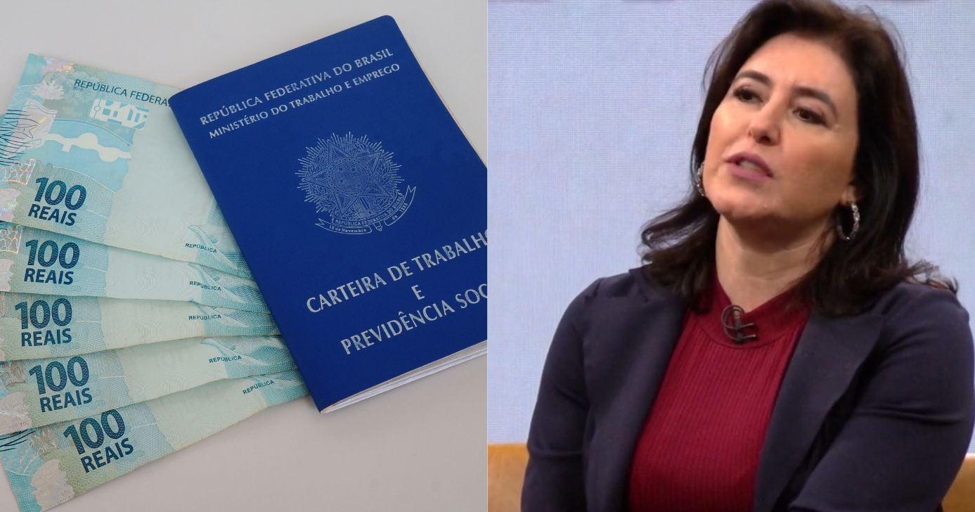 Notas de cem reais, carteira de trabalho e Simone Tebet (Fotos: Reproduções / Canva / GloboNews)