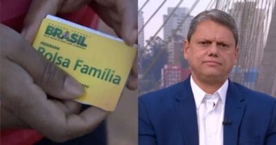 Pessoa segurando cartão do Bolsa Família e Tarcísio. de Freitas (Fotos: Reproduções / Globo)