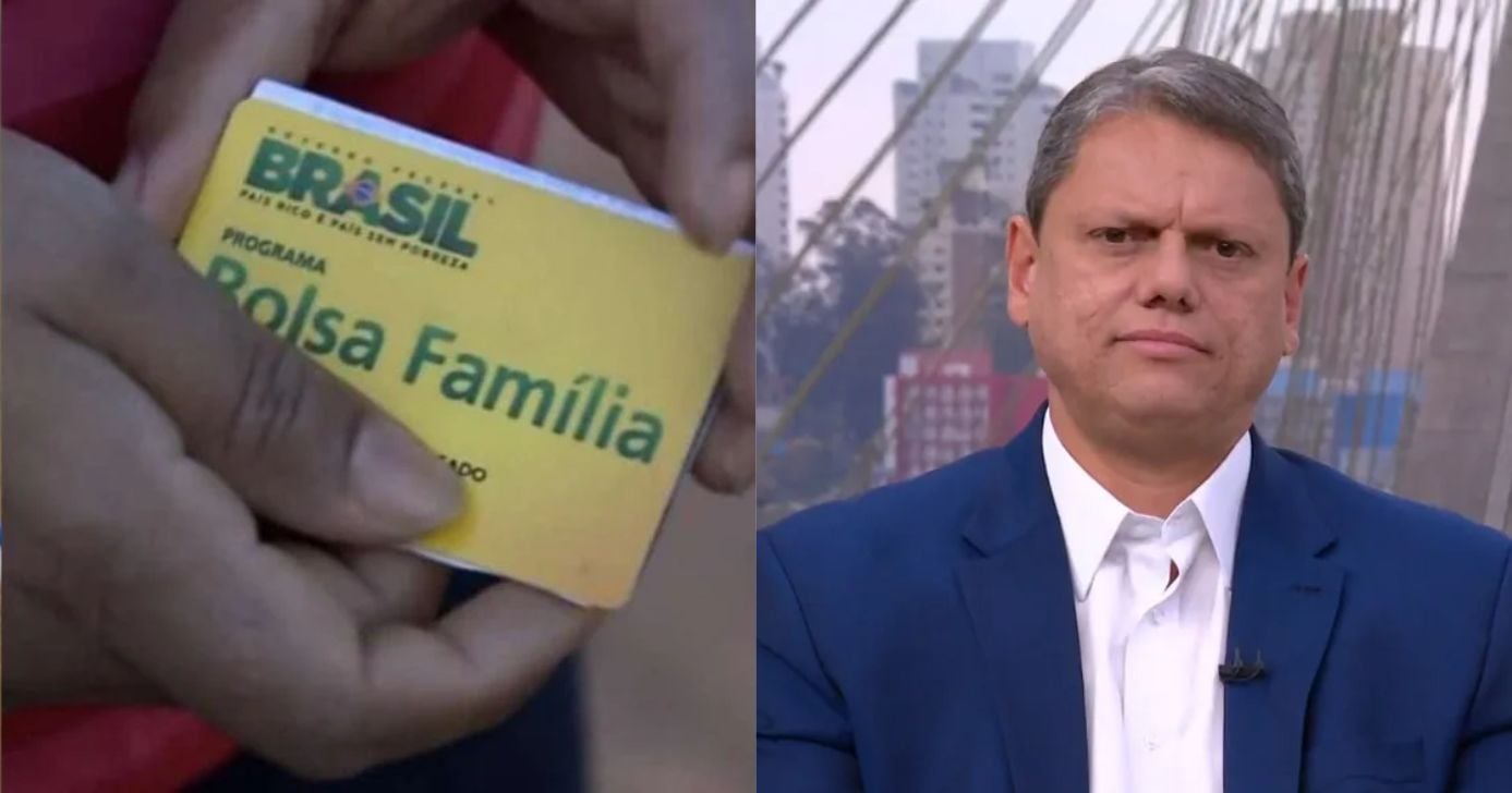 Pessoa segurando cartão do Bolsa Família e Tarcísio. de Freitas (Fotos: Reproduções / Globo)
