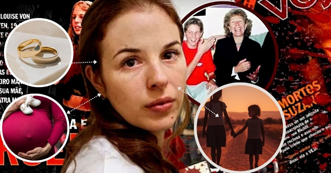 Suzane Von Richthofen vive de forma pacata após crime (Foto Reprodução/Montagem/Lennita/Canva/Recortes de jornais e revista/Imagem televisionada SBT/YouTube/GMN)