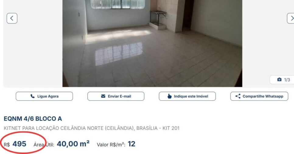 Aluguel de Kitnet na Ceilândia (DF) - (Foto Reprodução/DF Imóveis)