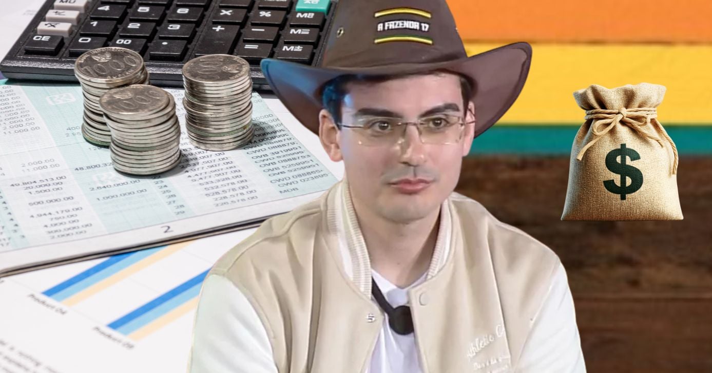 Ilustração de conta poupança e Dudu Camargo em A Fazenda 17 (Foto: Reprodução / Canva / Record / Montagem TV Foco)