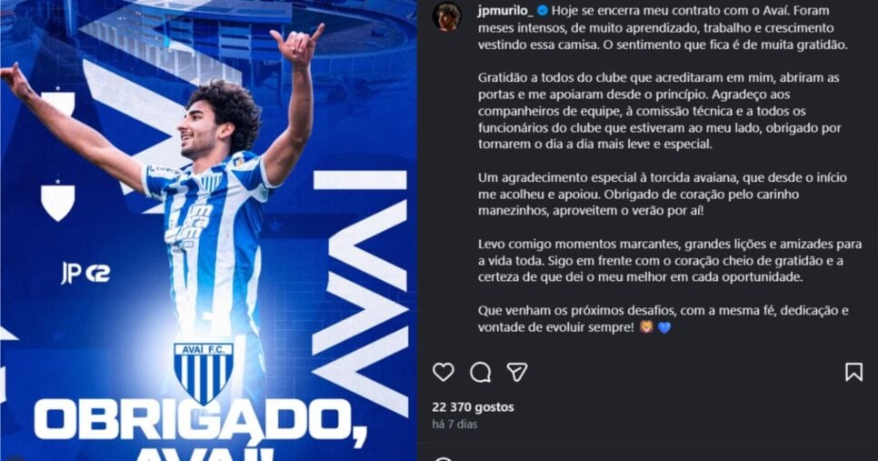 JP se despede do Avaí e volta ao Vasco da Gama - Foto: Instagram