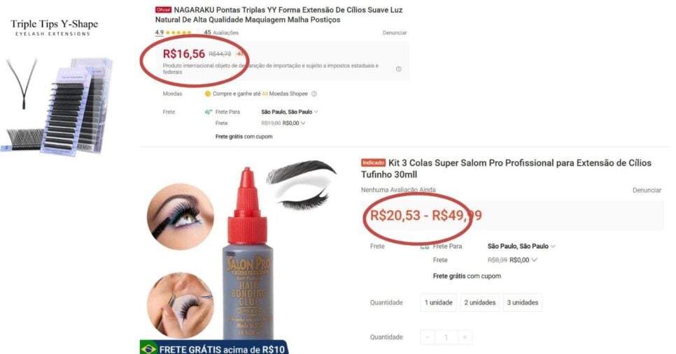 Materiais encontrados no mercado para extensão de cílios (Foto Reprodução/Montagem/TV Foco/Canva/Shopee/Amazon)