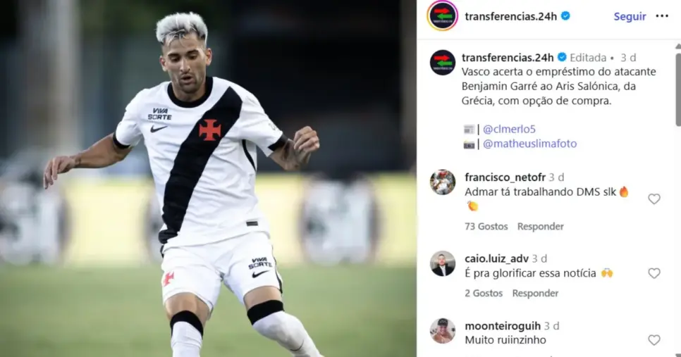 Benjamin Garré é emprestado ao Aris Salónica - Foto: Print/Instagram Benjamin Garré é emprestado ao Aris Salónica - Foto: Print/Instagram