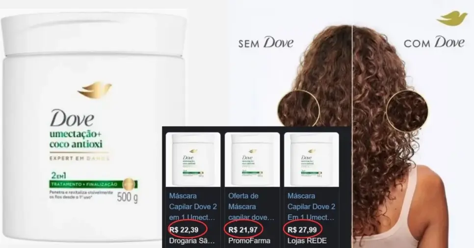 Dove Máscara Capilar 2 em 1 Umectação + Coco Antioxi (Foto Reprodução/Montagem/TV Foco/Lennita/Canva/Dove/Google Shopping)