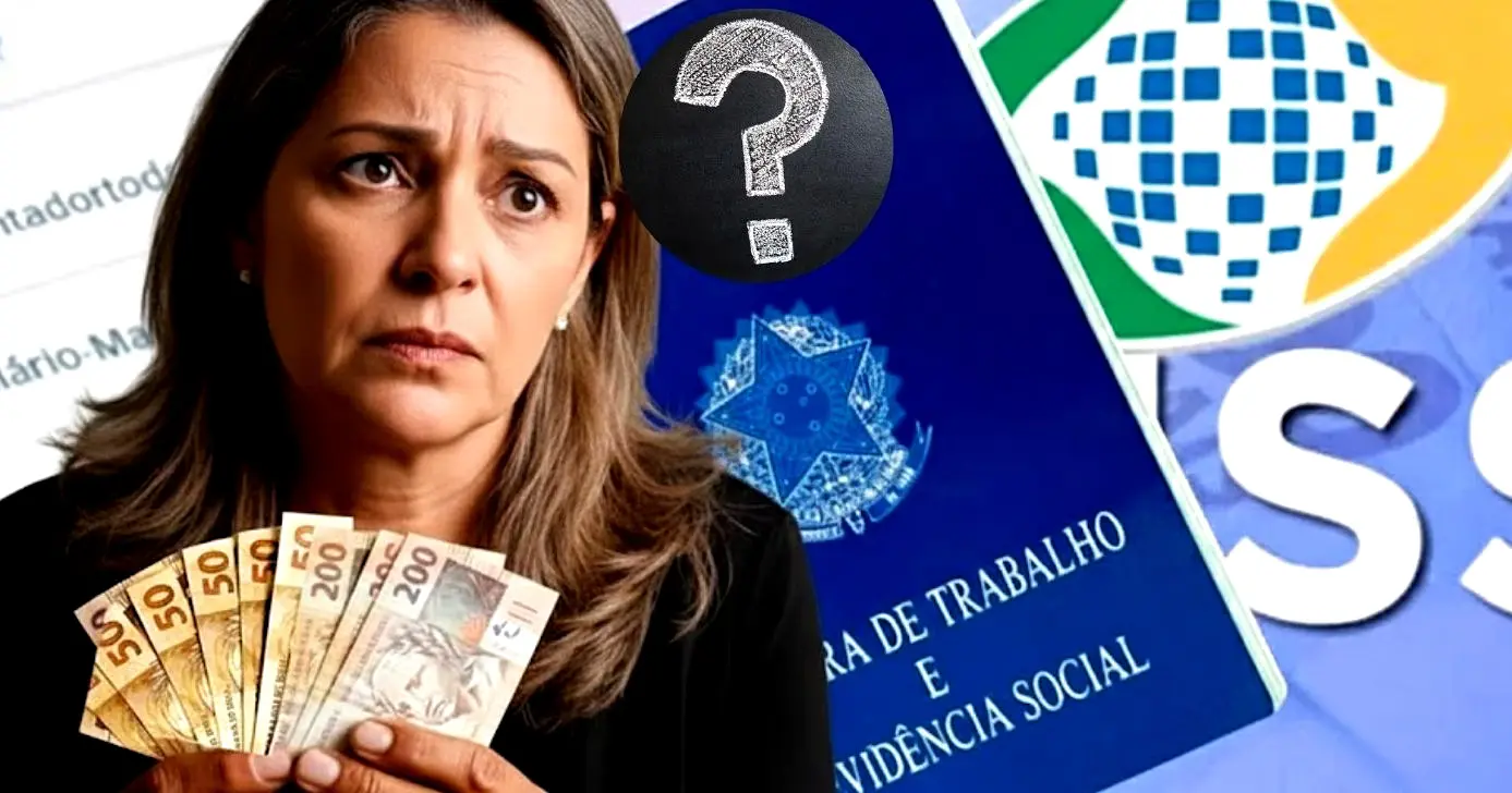 Ilustração mulher pensativa/CLT/valores em dinheiro/INSS (Foto Reprodução/Montagem/TV Foco/Canva/GMN/Lennita)