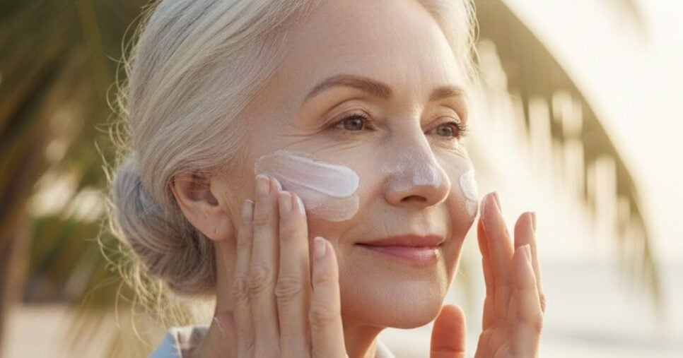 Idosa passando protetor solar no rosto (Foto: Montagem TV Foco / GMN)