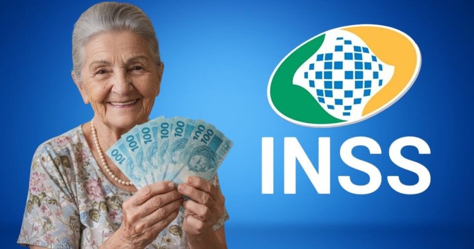 Idosa segurando notas de cem reais e logo do INSS (Foto: Montagem TV Foco / GMN / Internet)