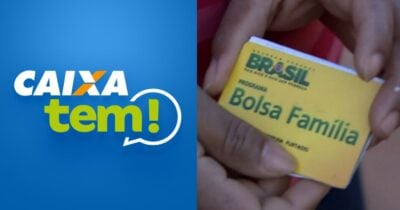 Logo Caixa Tem e mulher segurando cartão do Bolsa Família (Fotos: Reproduções / Caixa/ Globo)