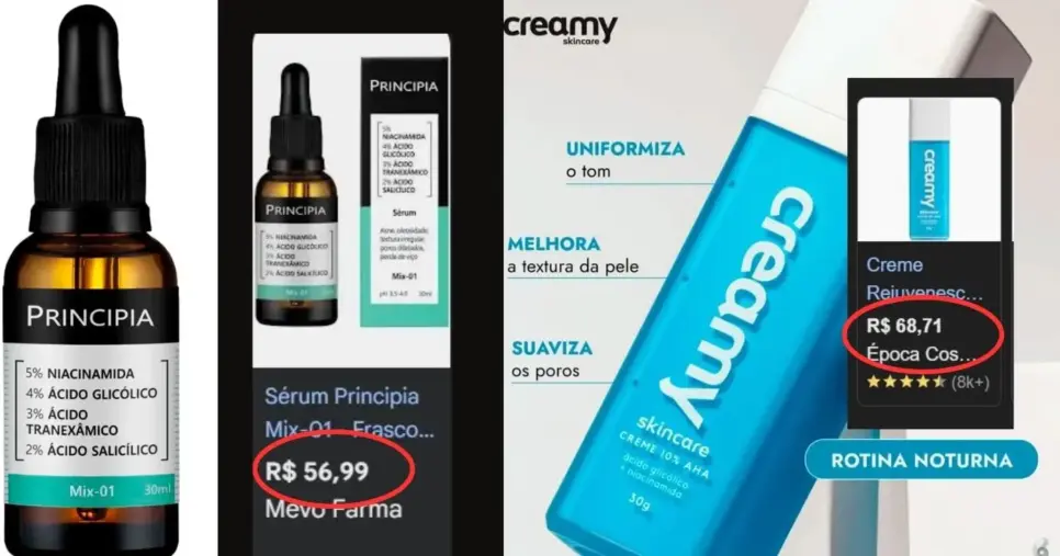 Creamy Skincare Ácido Glicólico 30g e Sérum Mix-01 da Principia (Foto Reprodução/Montagem/TV Foco/Canva/Lennita/Google Shopping/Creamy) Creamy Skincare Ácido Glicólico 30g e Sérum Mix-01 da Principia (Foto Reprodução/Montagem/TV Foco/Canva/Lennita/Google Shopping/Creamy)