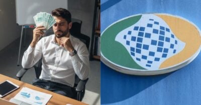 Trabalhador segurando notas de cem reais e Instituto Nacional do Seguro Social (INSS) (Foto: Montagem TV Foco / GMN / Globo)