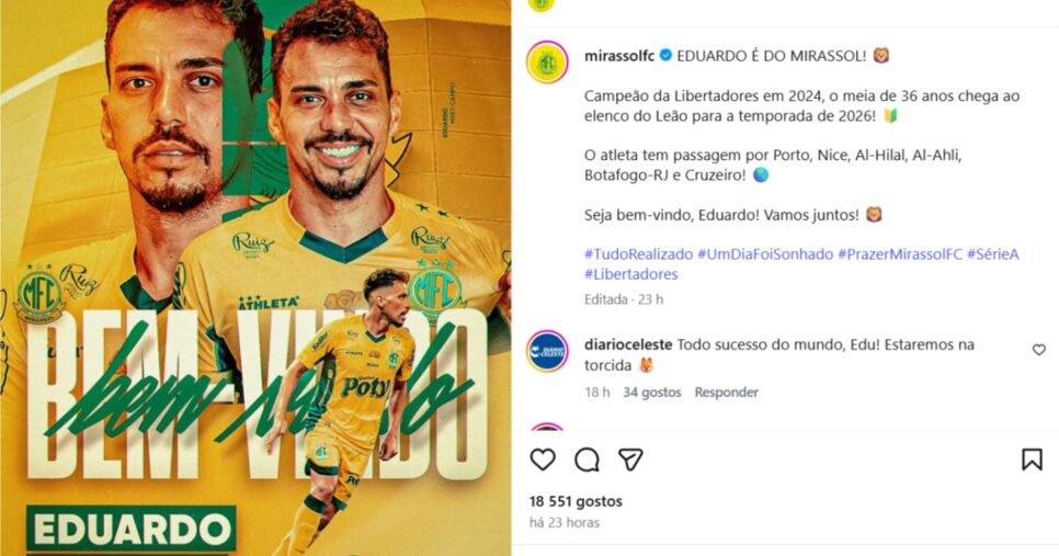 Eduardo é o novo reforço do Mirassol - Foto: Instagram