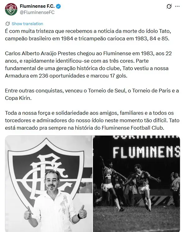 Fluminense confirmou morte de jogador (Foto: Reprodução / X) Fluminense confirmou morte de jogador (Foto: Reprodução / X)