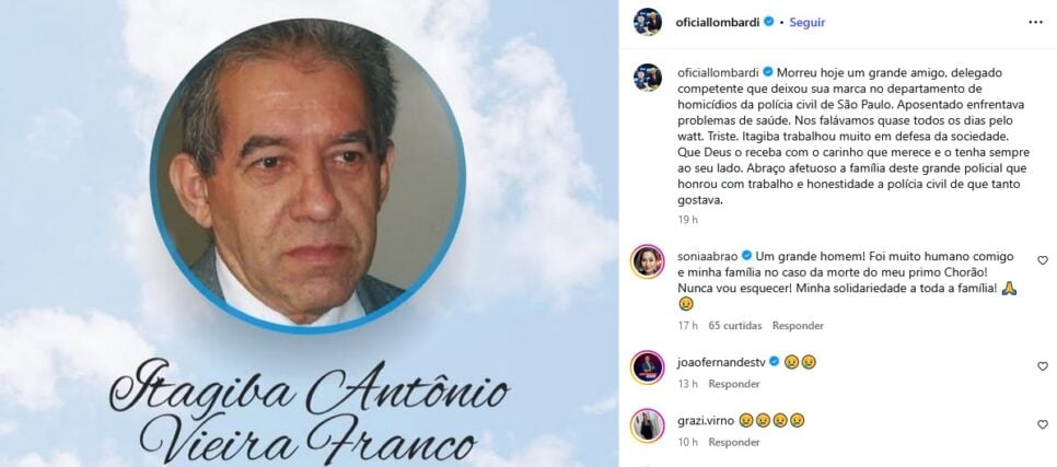 Lombardi lamenta morte de amigo (Foto: Reprodução / Instagram)
