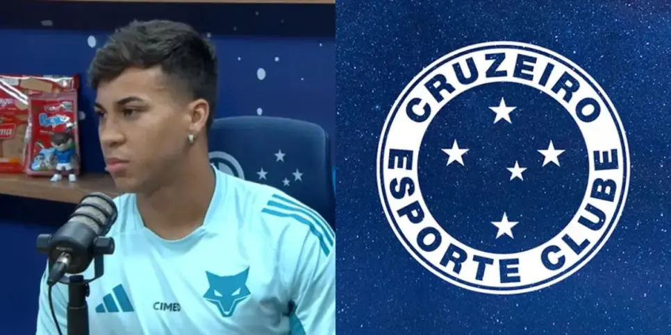 Kaio Jorge ao lado o escudo Cruzeiro (Reprodução: Youtube) Kaio Jorge ao lado o escudo Cruzeiro (Reprodução: Youtube)