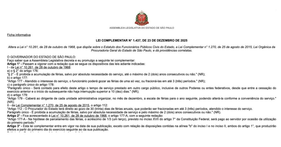 Lei complementar n° 1.437 (Foto: Alesp)