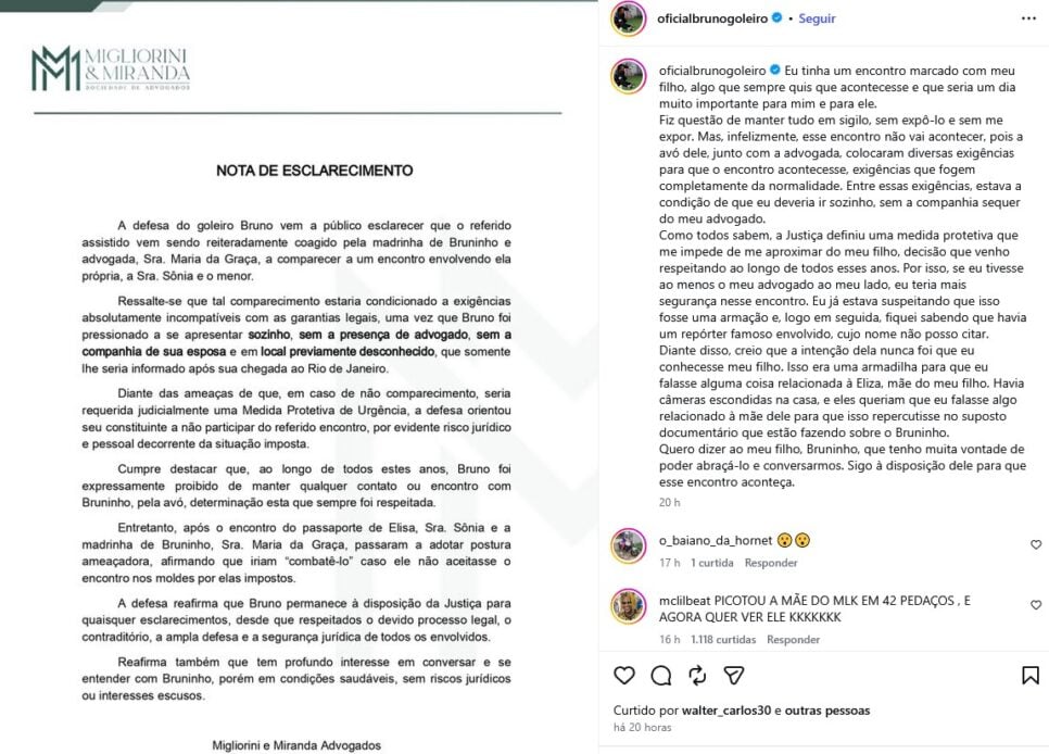 Equipe de Bruno se pronuncia (Foto: Reprodução / Instagram)