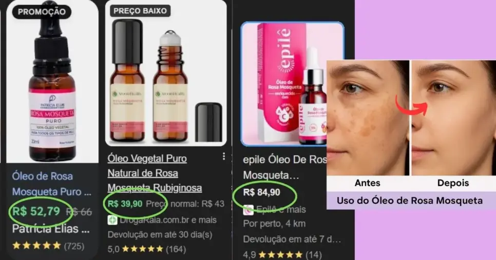 Média de valores do óleo de rosa mosqueta/resultados (Foto Reprodução/Montagem/Lennita/Canva/Google Shopping/ TikTok)