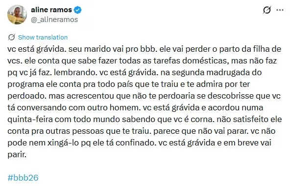 Aline Ramos criticou atitude de Pedro no BBB26 (Foto: Reprodução / X) Aline Ramos criticou atitude de Pedro no BBB26 (Foto: Reprodução / X)