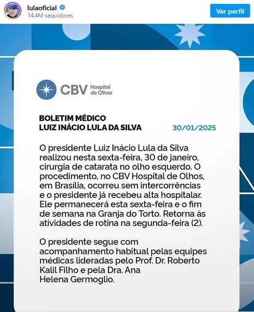 Lula fez cirurgia (Foto: Reprodução / Instagram)