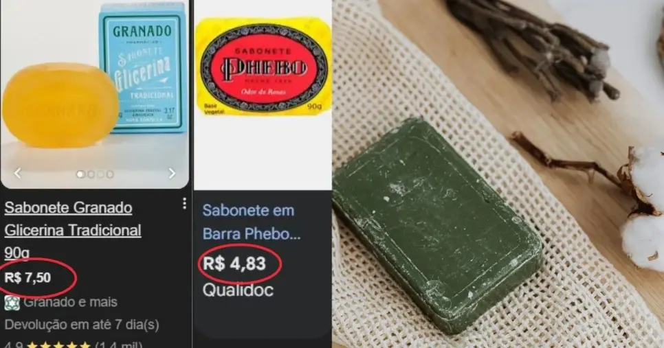 Sabonete de glicerina (Foto Reprodução/Montagem/TV Foco/Canva/GMN/Google Shopping) Sabonete de glicerina (Foto Reprodução/Montagem/TV Foco/Canva/GMN/Google Shopping)