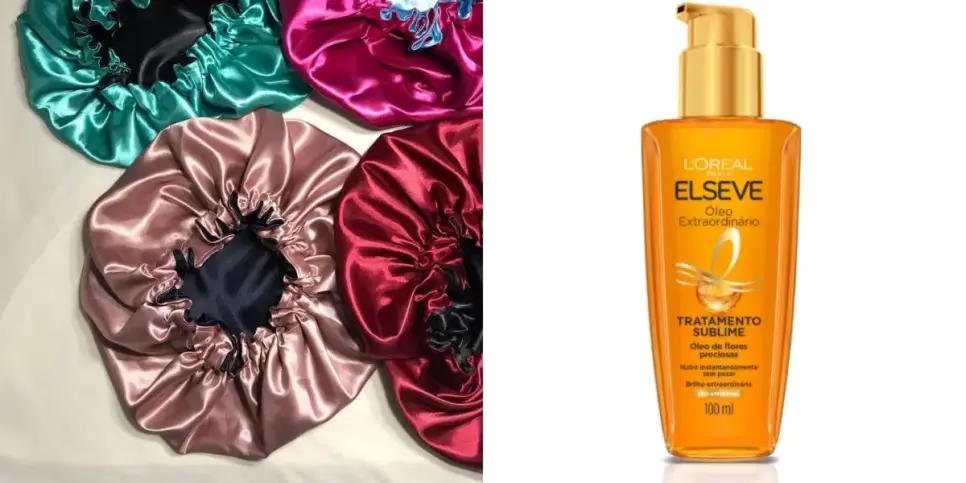 Touca de Cetim e Elséve Óleo Extraordinário para o cabelo (Reprodução: Montagem TV Foco)